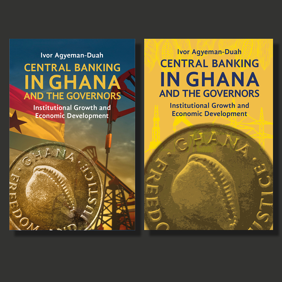 Design for Central Banking in Ghana book. Published with different covers for Ghana market,with oil rig and flag and cowrie coin, on the right a predominatly yellow background with large cowrie design coin in foreground